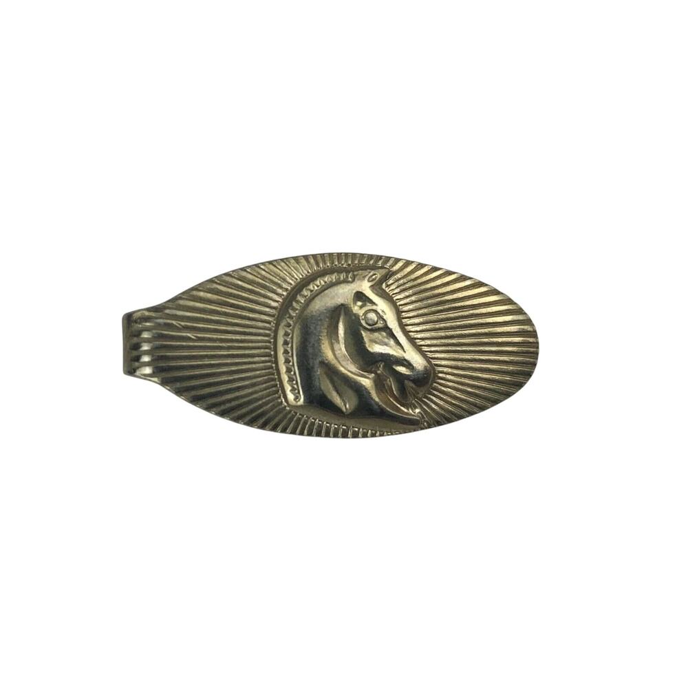 Vintage Tie Clip with Horse Head On Oval Base Gold Tone Unbranded 1950s
